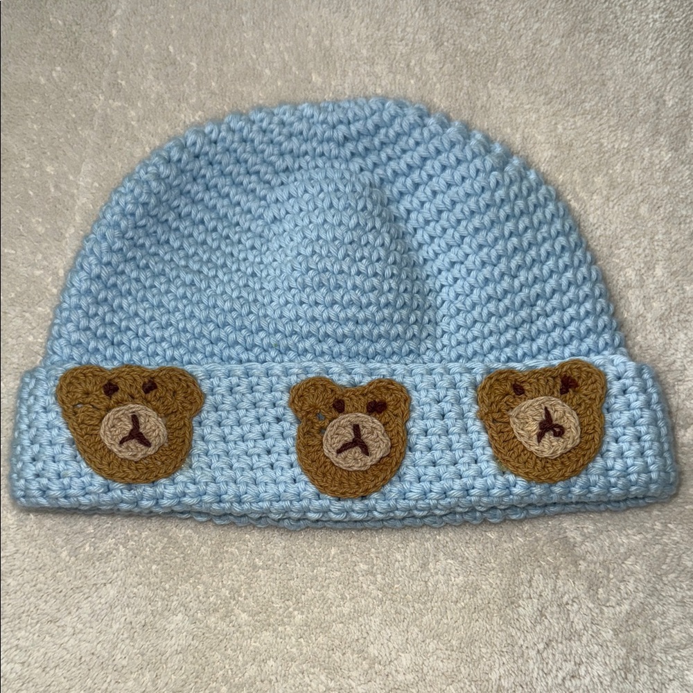 Baby’s Blue Knit Beanie with Bear Accents